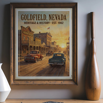 Vintage Goldfield, Nevada poster featuring a street scene with historic buildings and trucks.
