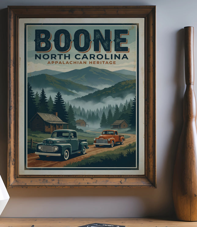 Boone North Carolina Appalachian Heritage vintage poster with trucks and mountains.