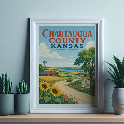 Chautauqua County Kansas poster with sunflowers, barn, and welcome sign.