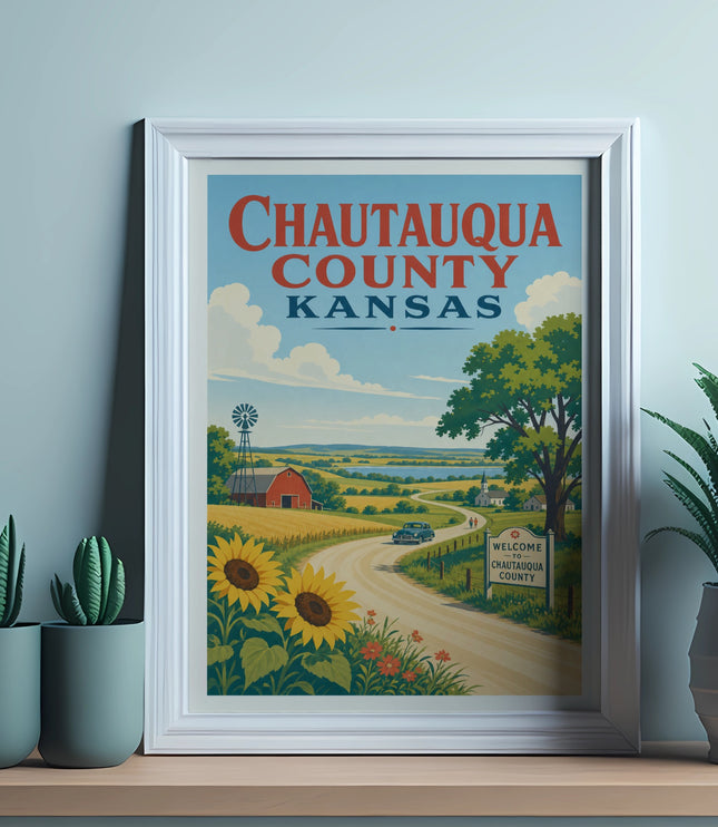 Chautauqua County Kansas poster with sunflowers, barn, and welcome sign.
