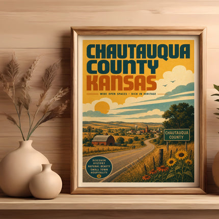 Chautauqua County Kansas heritage poster with road, farms, and sunflowers.
