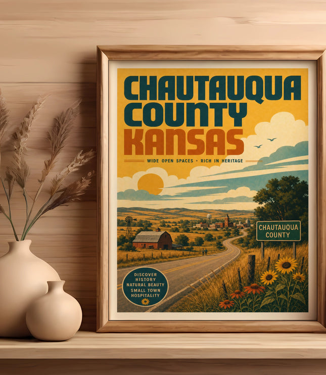Chautauqua County Kansas heritage poster with road, farms, and sunflowers.
