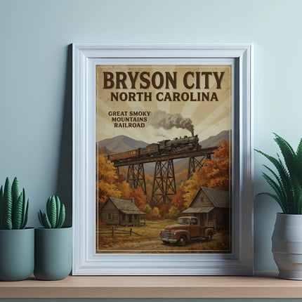 Bryson City North Carolina vintage travel poster featuring Great Smoky Mountains Railroad.