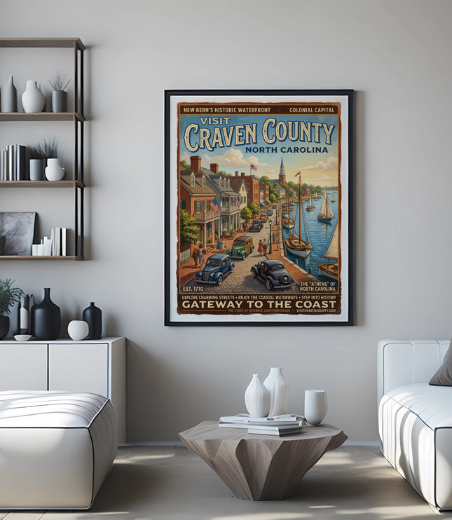 Vintage travel poster for Craven County, North Carolina, detailing historic waterfront scenes.