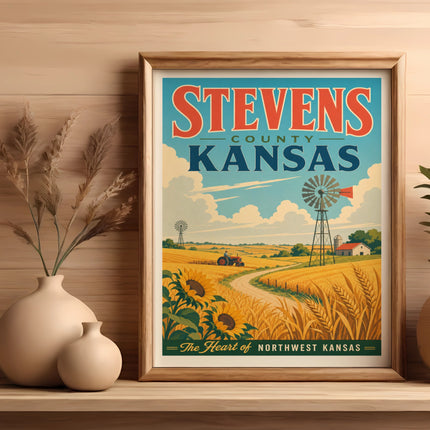 Vintage-style poster for Stevens County, Kansas, featuring wheat fields and sunflowers.
