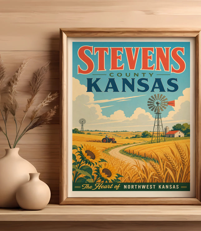 Vintage-style poster for Stevens County, Kansas, featuring wheat fields and sunflowers.