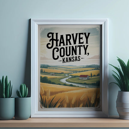 Framed illustration of Harvey County, Kansas, with wheat fields and a river.