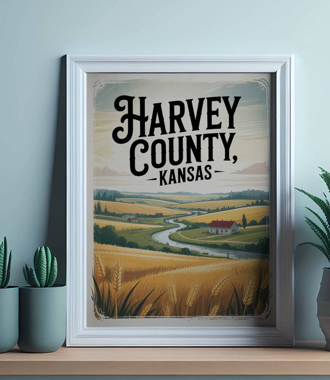 Framed illustration of Harvey County, Kansas, with wheat fields and a river.