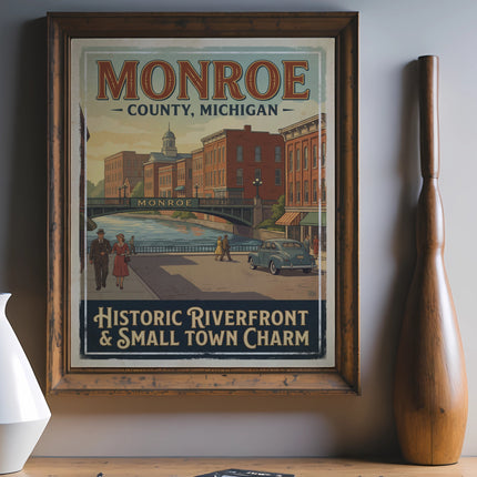 Monroe, County, Michigan poster featuring historic riverfront and small town charm.