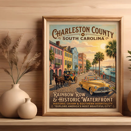 Charleston County South Carolina poster featuring Rainbow Row and historic waterfront.
