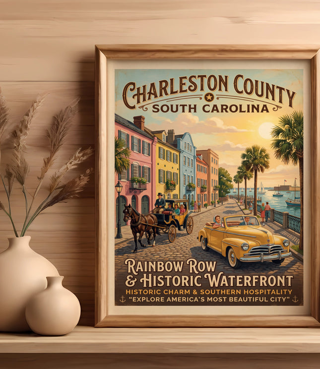 Charleston County South Carolina poster featuring Rainbow Row and historic waterfront.