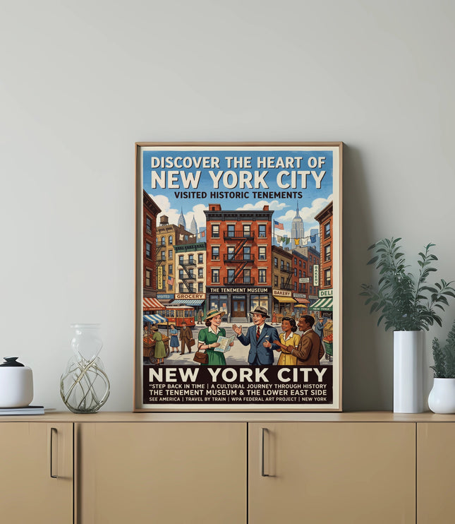 New York City historic tenements poster with a street scene and text.