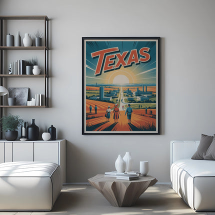 Vintage Texas poster art with sun, city, and people walking.