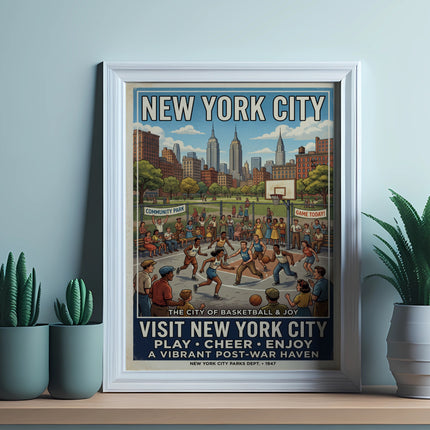 New York City vintage poster advertising basketball and joy in a post-war haven.