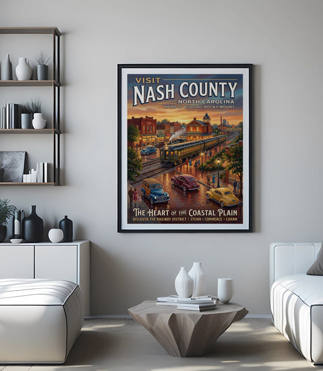 "Visit Nash County, North Carolina" poster showing historic Rocky Mount with a train, cars, and buildings.
