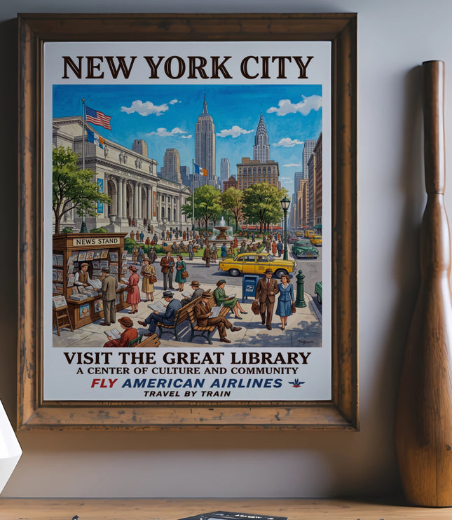 New York City poster showing the library and skyline, text "Visit the Great Library".