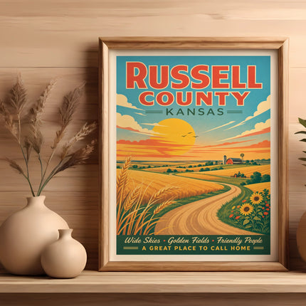Retro travel poster for Russell County, Kansas, with text.