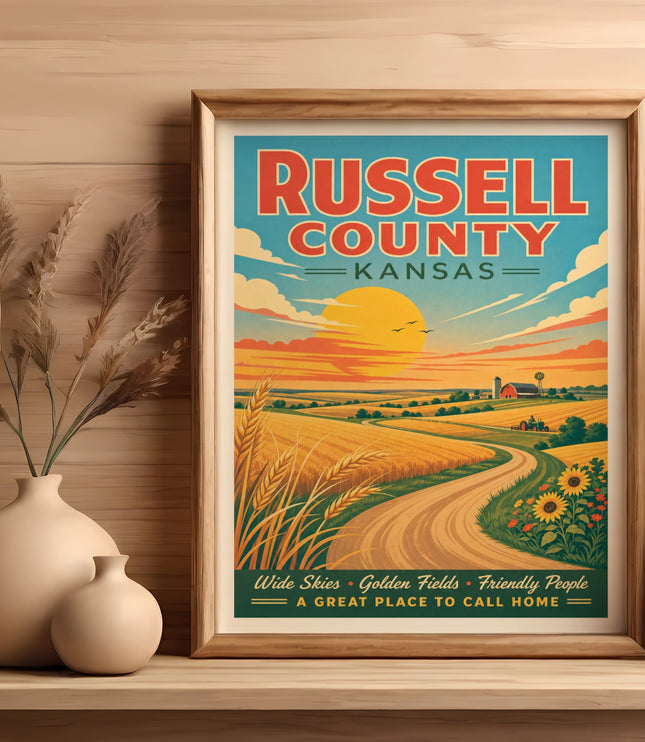 Retro travel poster for Russell County, Kansas, with text.