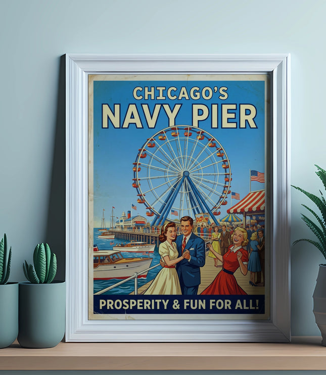 Vintage poster of Chicago's Navy Pier with Ferris wheel, boats, and people dancing.