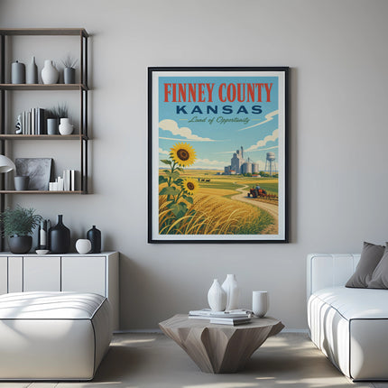 Poster with "Finney County Kansas Land of Opportunity" and farm scene.