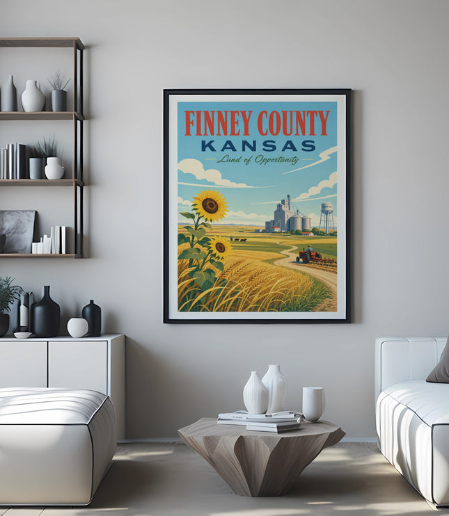 Poster with "Finney County Kansas Land of Opportunity" and farm scene.