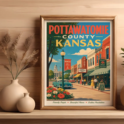 Pottawatomie County, Kansas vintage travel poster with Wamego scene.