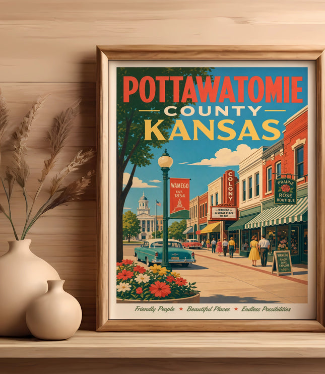 Pottawatomie County, Kansas vintage travel poster with Wamego scene.