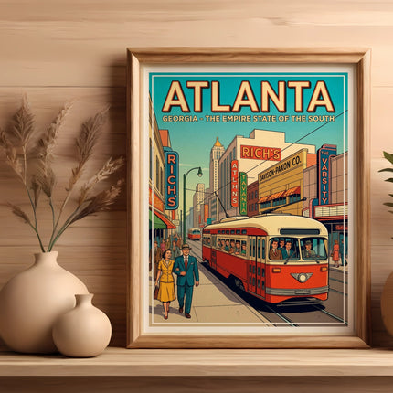 Framed vintage Atlanta transit poster with streetcar and buildings.