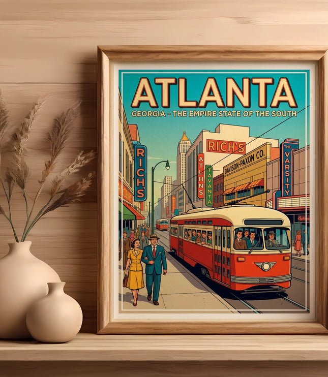 Framed vintage Atlanta transit poster with streetcar and buildings.