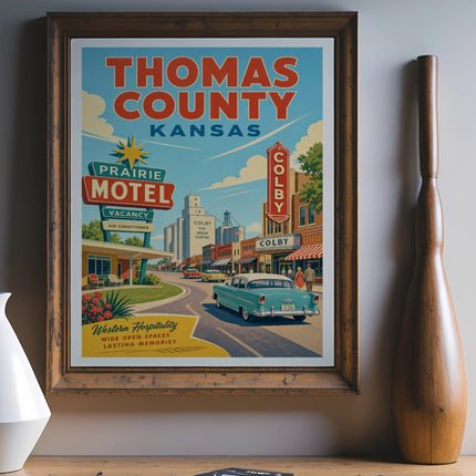 Vintage Thomas County, Kansas poster with "Prairie Motel" and "Colby" text.