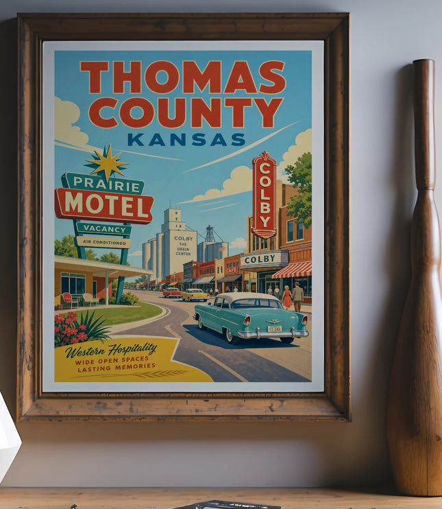 Vintage Thomas County, Kansas poster with "Prairie Motel" and "Colby" text.