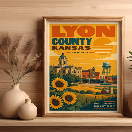 Vintage travel poster for Lyon County, Kansas, featuring Emporia with sunflowers and farm fields.