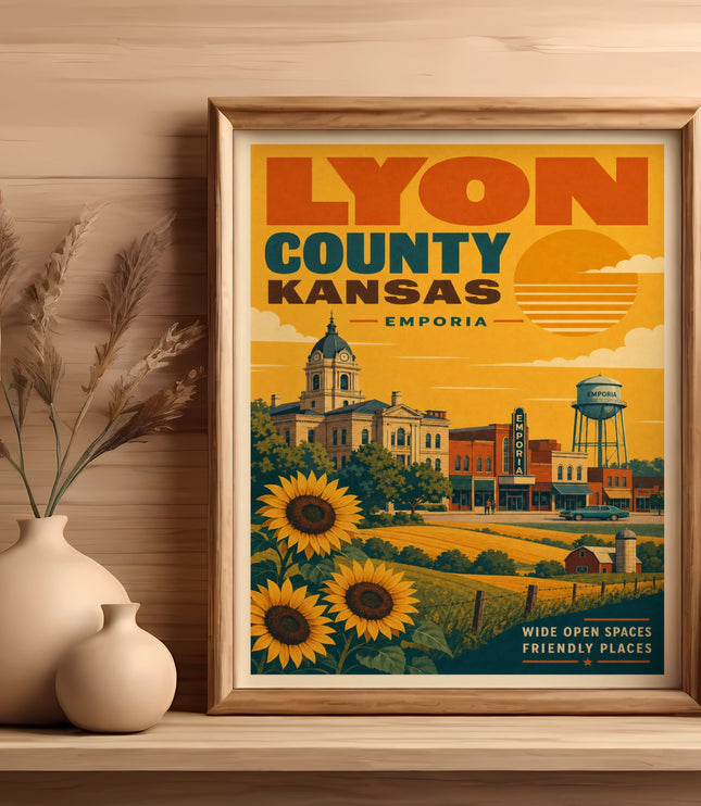 Vintage travel poster for Lyon County, Kansas, featuring Emporia with sunflowers and farm fields.