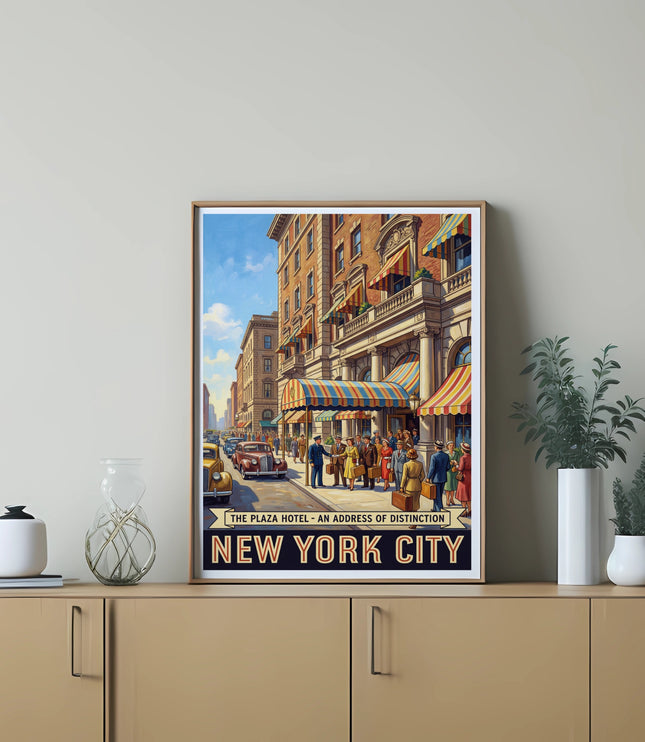 Vintage poster of The Plaza Hotel, New York City, with people and cars on a street.