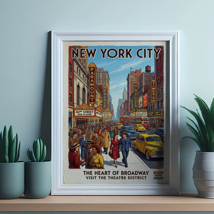 New York City Broadway theatre district vintage poster with street scene.
