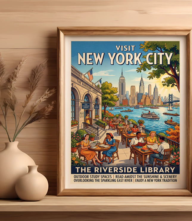 Vintage New York City poster featuring Riverside Library balcony with people reading.
