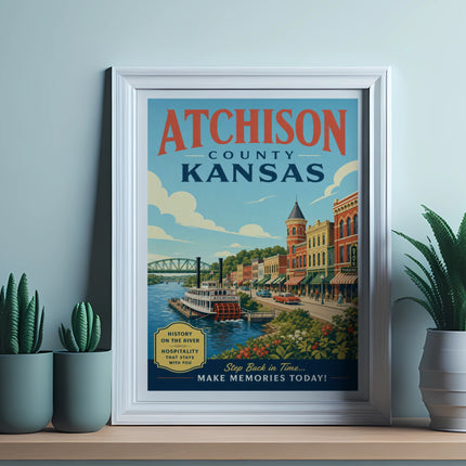 Atchison County, Kansas vintage travel poster with riverboat and town buildings.