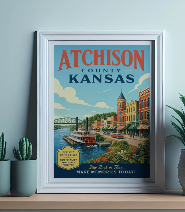 Atchison County, Kansas vintage travel poster with riverboat and town buildings.