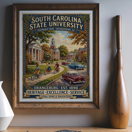Poster for South Carolina State University featuring campus buildings and vintage cars.