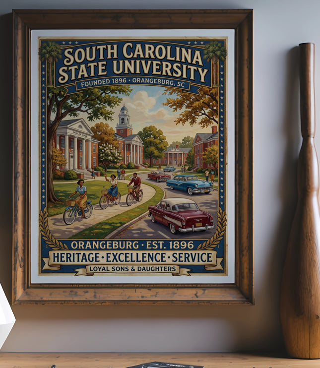 Poster for South Carolina State University featuring campus buildings and vintage cars.