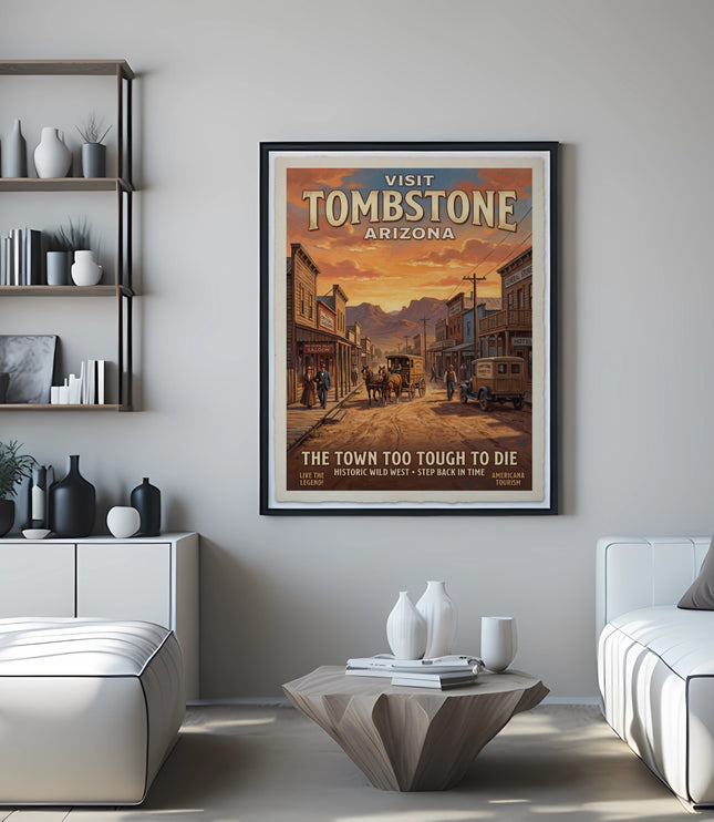 Vintage Tombstone, Arizona poster featuring a historic street scene with text.