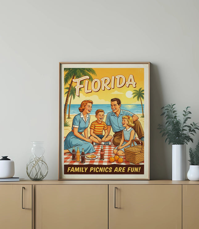 Retro family picnic on a beach with text FLORIDA FAMILY PICNICS ARE FUN!