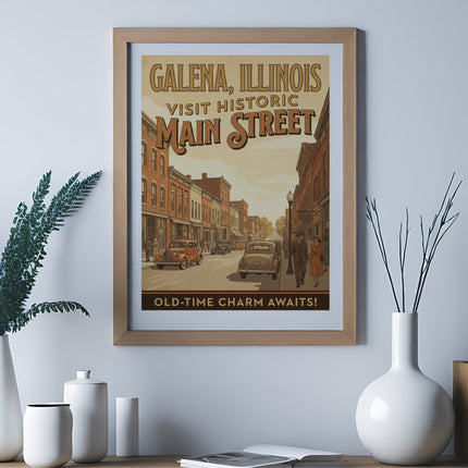 Vintage travel poster for Galena, Illinois featuring Main Street with cars and buildings.