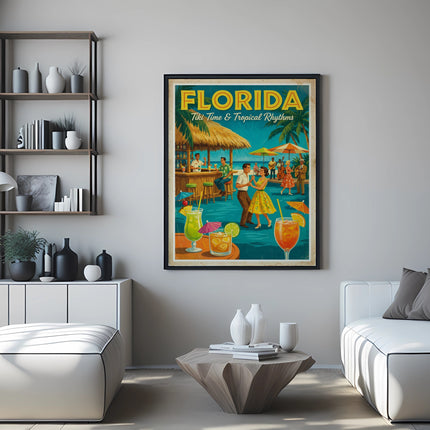 Vintage Florida travel poster with dancing couple and tropical drinks.