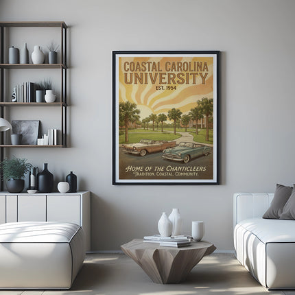 Coastal Carolina University vintage travel poster with cars and palm trees.