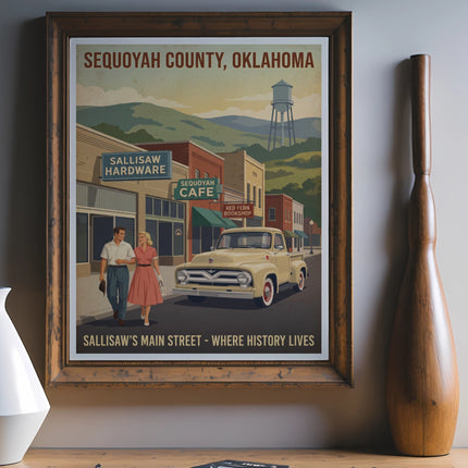 Retro poster of Sallisaw's Main Street, Oklahoma with a couple and a truck.