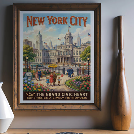 New York City poster with "Visit The Grand Civic Heart" text.