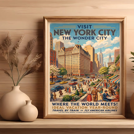 Vintage New York City travel poster featuring the Plaza Hotel and stylized crowds.