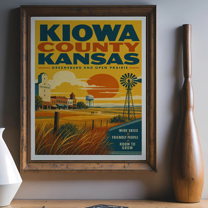 Kiowa County Kansas vintage travel poster featuring Greensburg, wide skies, and friendly people.