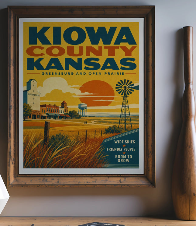 Kiowa County Kansas vintage travel poster featuring Greensburg, wide skies, and friendly people.